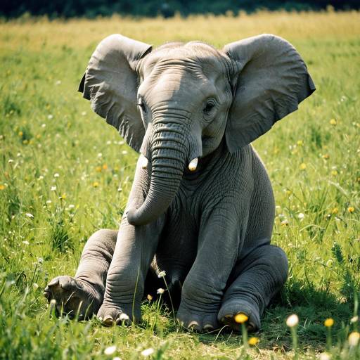 Elephant Calf Sitting in Sunny Meadow