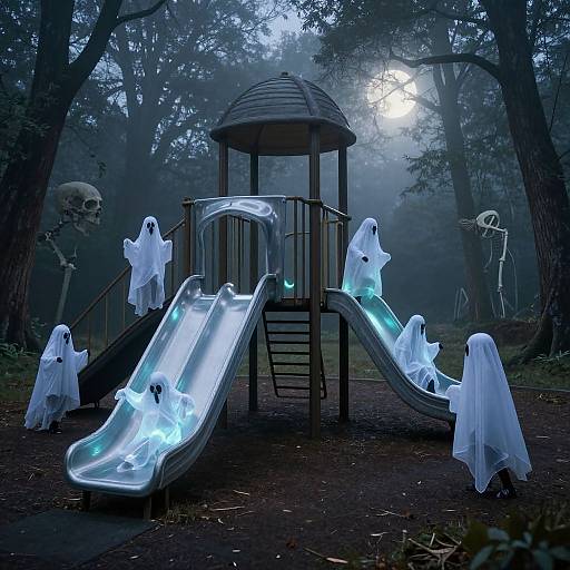 Photograph of a spooky playground at night, featuring glowing blue slides and white ghost costumes among foggy, dark trees with a full moon.