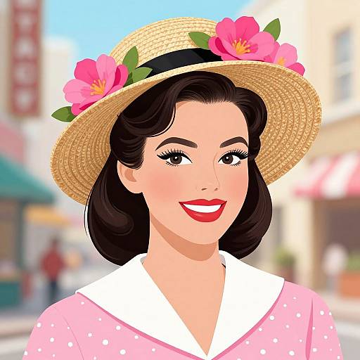Digital illustration of a smiling woman with fair skin, black wavy hair, wearing a straw hat with pink flowers, pink polka-dotted blouse,