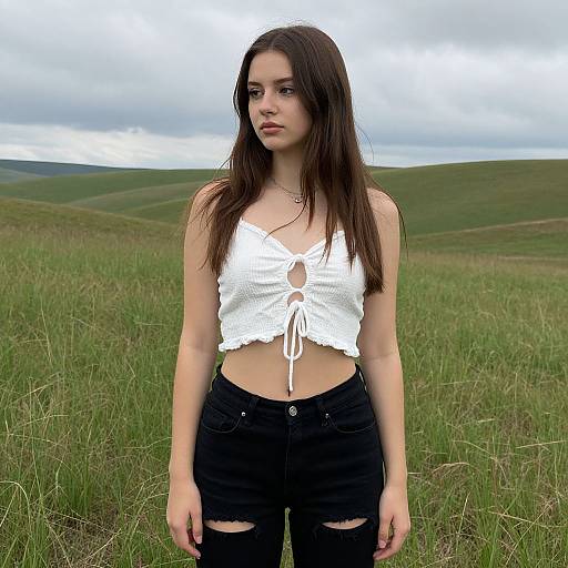 Young woman with long brown hair, wearing white crocheted crop top and black ripped jeans, stands in grassy field under cloudy sky. Photographic