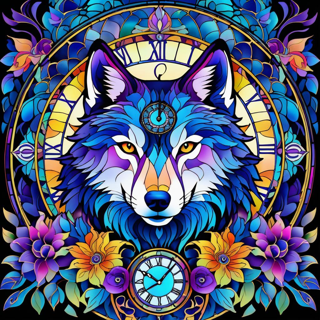 Vibrant Art Nouveau Wolf in Electric Colors