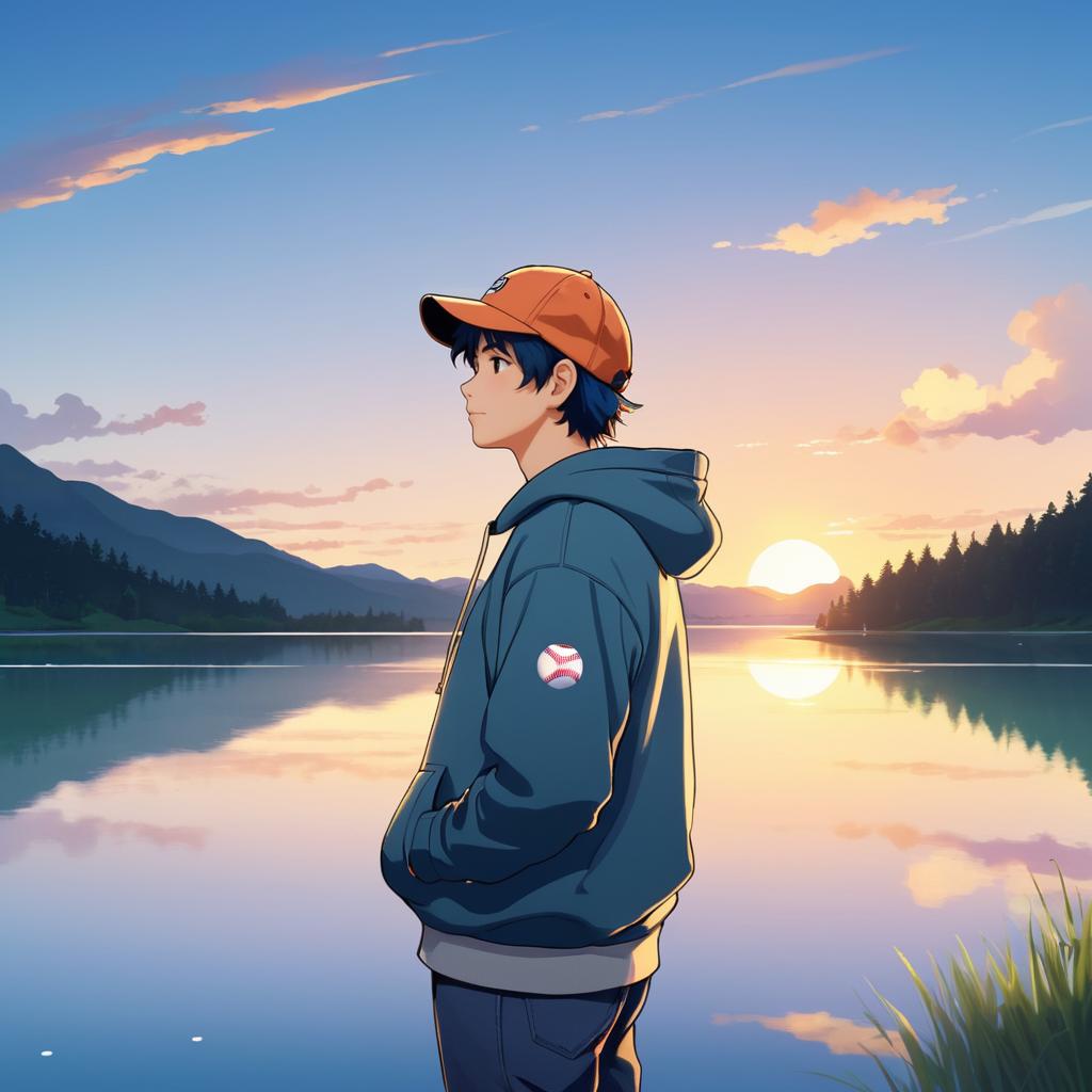 Charming Anime Character at Sunset Lake