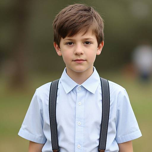 Photograph of a young boy with brown hair, wearing a white button-up shirt and black suspenders, standing in a blurred outdoor greenery background.