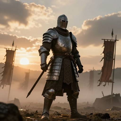 Photograph of a knight in full metallic armor with a sword, standing at sunset, foggy battlefield with flags in background.