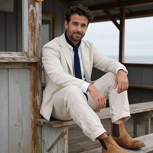 Photograph of a bearded man with curly brown hair, wearing a white suit, navy tie, and brown boots, sitting on a rustic wooden bench