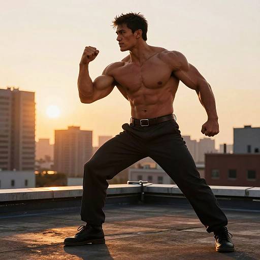 Photograph of a muscular, shirtless Asian man with short black hair, flexing his right arm on a rooftop at sunset, wearing black pants and