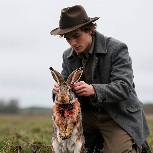 Man Holding Rabbit in Field