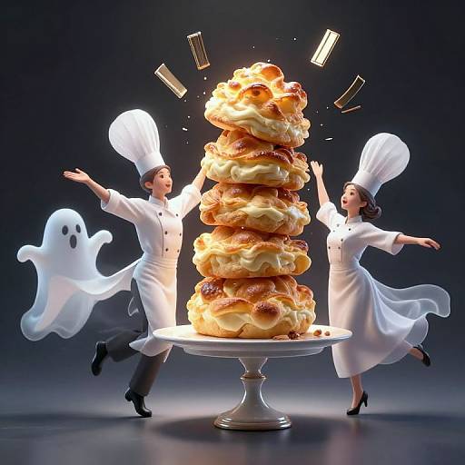 Photograph of two chefs in white uniforms and hats, lifting a towering stack of golden, glowing pancakes, with a ghost on the left. Dark background