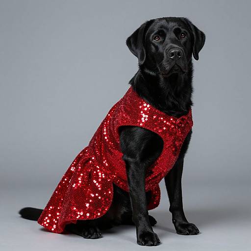 Photograph of a black Labrador Retriever sitting, wearing a vibrant red, sequined cape, against a plain light gray background.