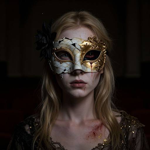 Photograph of a pale, blonde woman with a broken, ornate masquerade mask featuring gold and white sections, against a dark background. Her