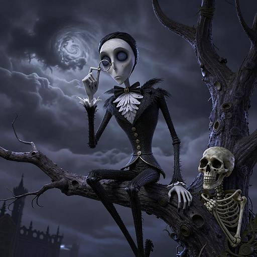 Digital art of a gothic, skeletal, black-clad figure with large eyes, wearing a bow tie, perched on a dark, twisted tree