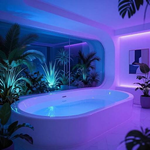 Photograph of a futuristic, neon-lit bathroom with a white, oval-shaped bathtub surrounded by glowing blue and purple lights, lush tropical plants, and