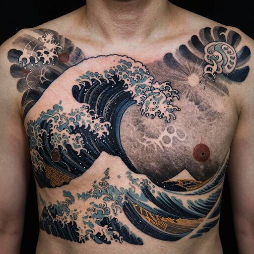 Tattooed shirtless man with large, detailed Hokusai-style wave tattoo covering chest and shoulders, featuring dark blue waves, white foamy