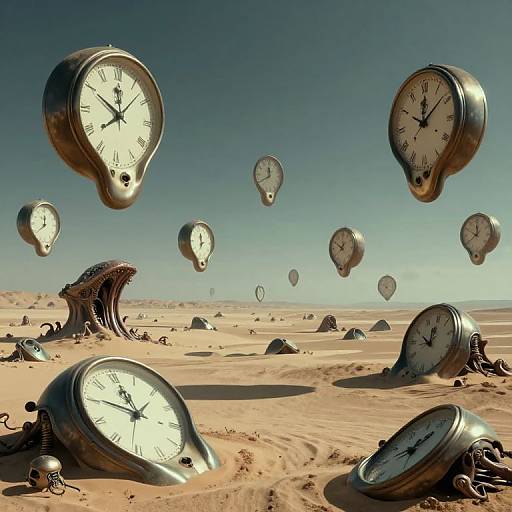 Digital artwork of floating clocks in a surreal desert landscape, with metallic clock faces, sandy terrain, and clear blue sky.