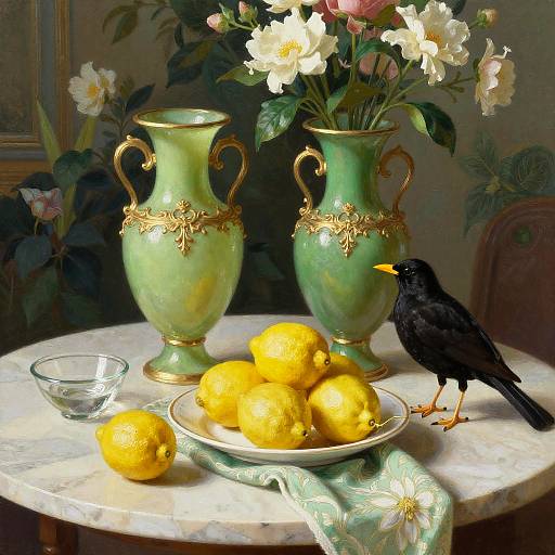 Ornate Vases with Lemons and Blackbird