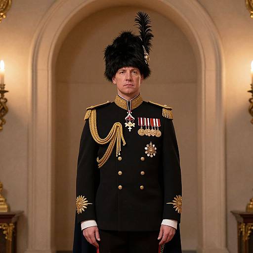 Photograph of a stern-looking man in a black military uniform with gold epaulettes, medals, and a black fur hat, standing in an