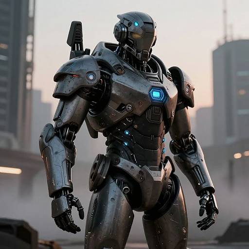 Photorealistic CGI of a futuristic, metallic, blue-accented humanoid robot standing in a smoky urban cityscape with tall buildings.