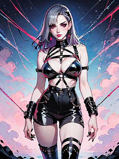 Fantasy Woman in Glossy Black Leather Outfit