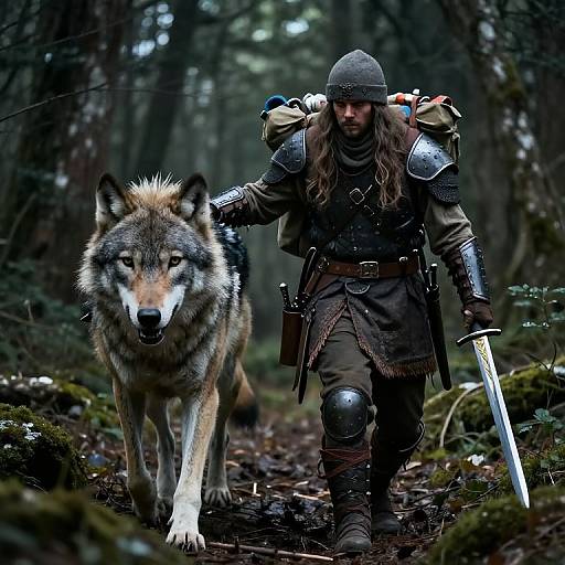 Photorealistic digital artwork of a bearded, armored man with long hair walking a large wolf through a dark, misty forest, holding a sword