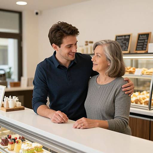 Photograph of a young man in a navy shirt and an older woman with gray hair in a gray sweater, standing close in a brightly lit bakery,
