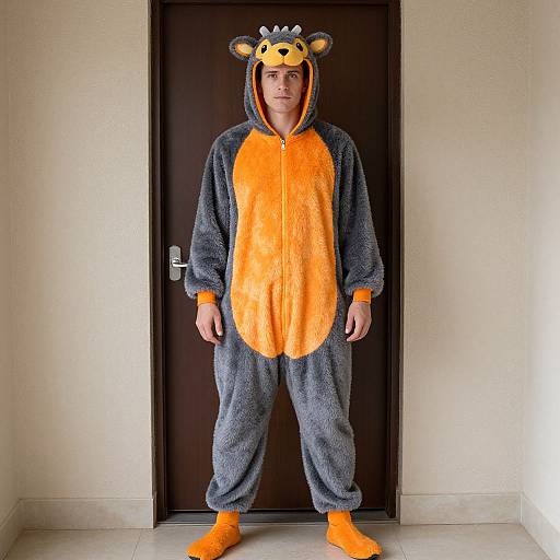Photograph of a young man standing in front of a dark wooden door, wearing a gray and orange plush dinosaur onesie with a matching hat.