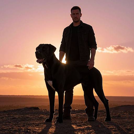 Silhouetted man and dog standing against a vibrant sunset sky, with the sun partially behind them, casting long shadows on a sandy beach. Photograph