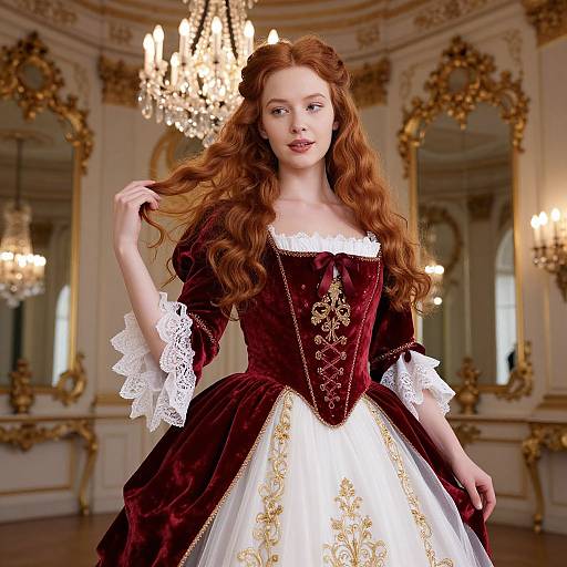 Photograph of a fair-skinned woman with long red hair in a Victorian-style maroon velvet dress with white lace and gold embroidery, standing in an
