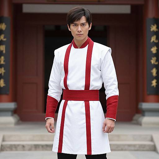 Photograph of an Asian man with short black hair, wearing a white martial arts uniform with red stripes and belt, standing in front of a traditional wooden