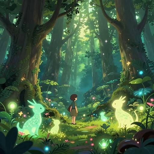 Digital illustration of a young girl in a forest, surrounded by glowing, luminescent creatures and vibrant, bioluminescent plants. Tall trees and