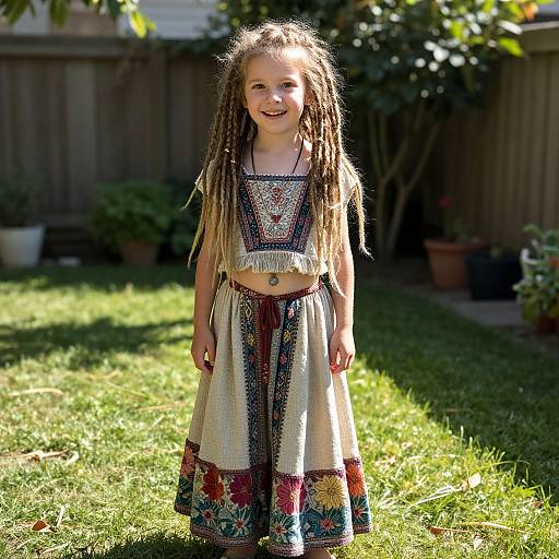 Photograph of a smiling young girl with long, blonde dreadlocks, wearing a colorful, embroidered peasant dress, standing on a sunlit grassy yard