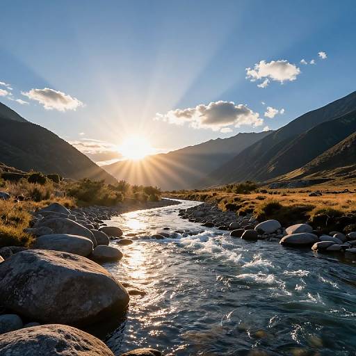 Photograph of a sunlit mountain valley with sun rays shining through clouds, illuminating a rocky stream flowing through dry grass and large rocks.