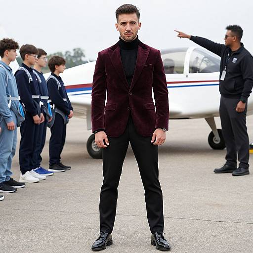 Photograph of a stylish man in a dark maroon velvet blazer, black turtleneck, and black pants standing confidently in front of a small