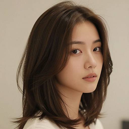 Photograph of an Asian woman with straight, dark brown hair, light skin, and brown eyes, wearing a white top, looking slightly to the right