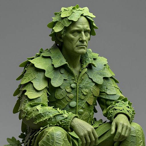 Photorealistic digital sculpture of a serious, green-skinned man with leaf-like armor, seated against a grey background, resembling nature.