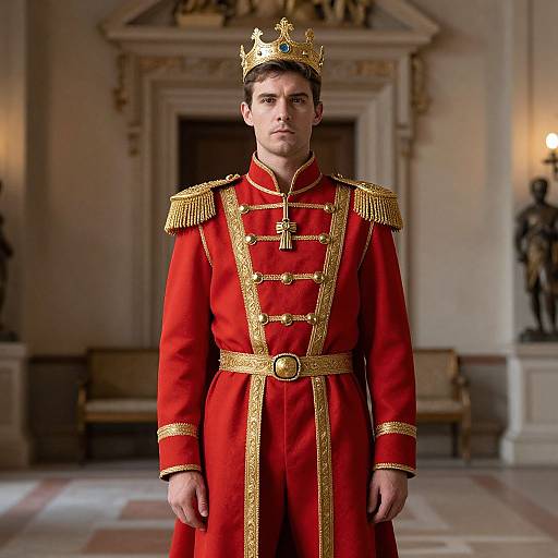 Photograph of a serious man in a red royal robe with gold trim, cross necklace, and gold crown, standing in an opulent, classical room
