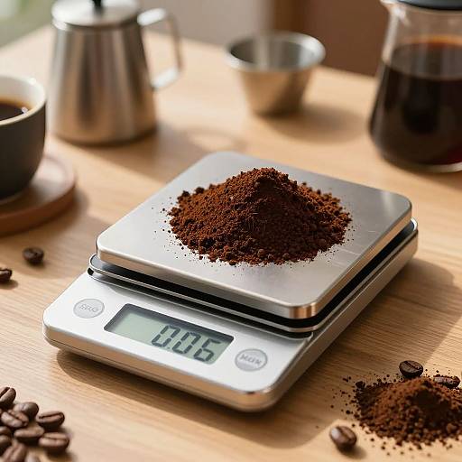 Photograph of a digital kitchen scale with a pile of dark brown coffee grounds, displaying 