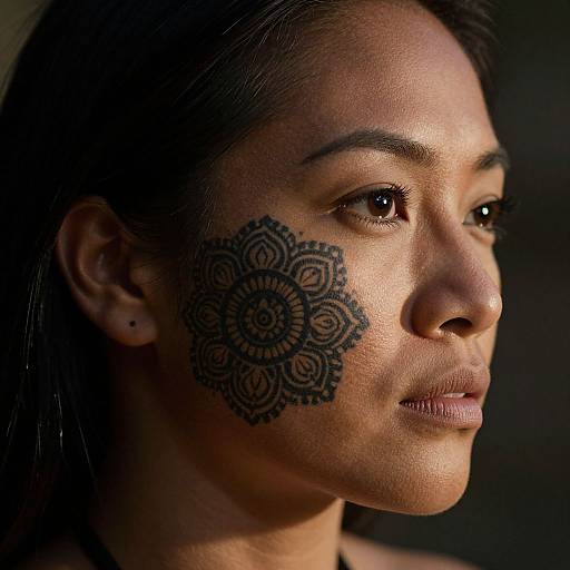 Close-up photograph of a woman with medium brown skin and black hair, showcasing a detailed black mandala tattoo on her right cheek, gazing to the