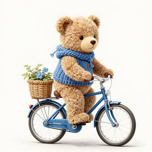 Photograph of a fluffy, light brown teddy bear wearing a blue knitted vest, riding a blue bicycle with a wicker basket of blue flowers