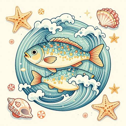 Hand-drawn Ichthys Fish with Ocean Waves and Sea Shells