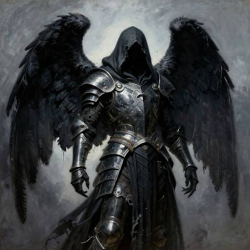 Digital painting of a dark armored angel with black wings and hood, glowing white halo in the background, exuding a mysterious, ominous presence.