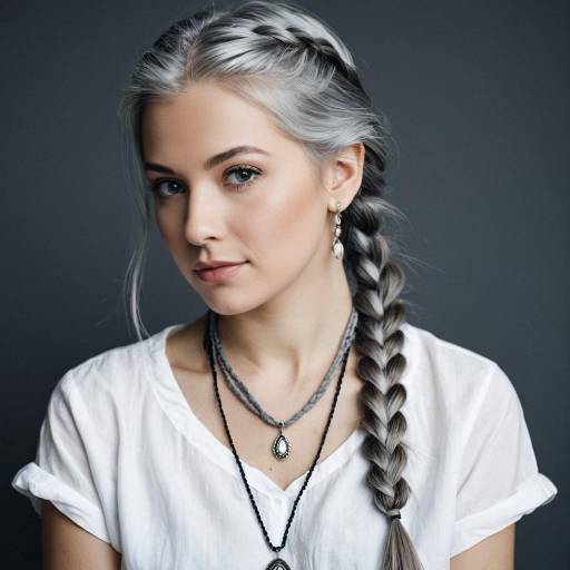 Woman with Grey Hair Braided and Jewelry