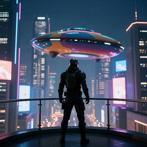 Futuristic Night Cityscape with Armored Figure