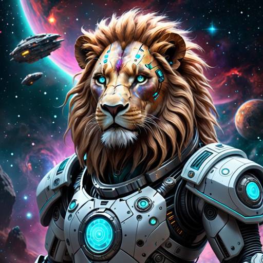 Cybernetic Humanoid Lion in Cosmic Nebula