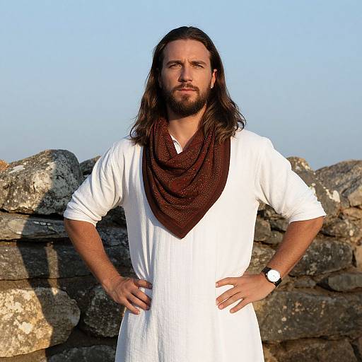 Photograph of a bearded man with long brown hair, wearing a white tunic and brown scarf, standing against a rocky background. Hands on hips