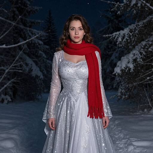 Photograph of a woman with wavy brown hair, wearing a sparkling white winter dress and red scarf, standing in a snow-covered forest at night.