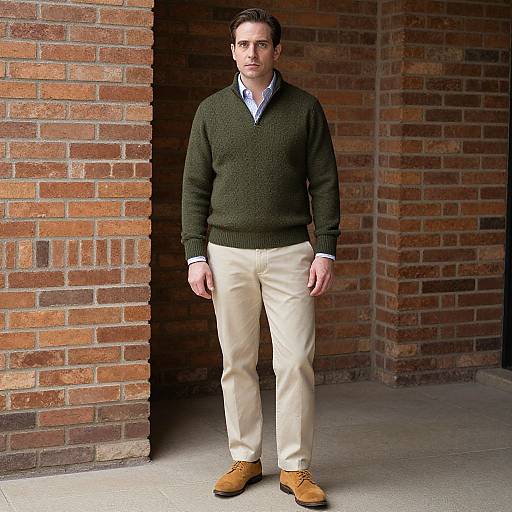 Photograph of a tall, handsome white man with short brown hair, wearing a dark green sweater, light blue shirt, beige pants, and brown shoes