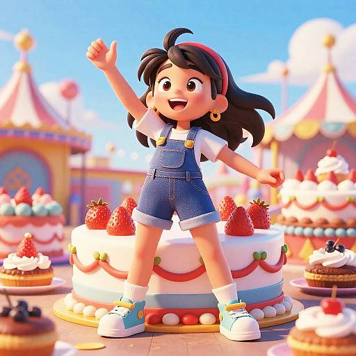 Joyful Girl Amid Giant Carnival Cakes