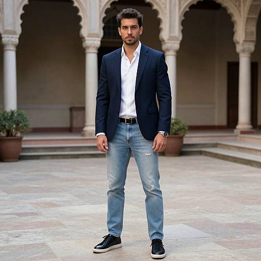 Photograph of a handsome man with short dark hair, trimmed beard, wearing a navy blazer, white shirt, blue jeans, and black sneakers,