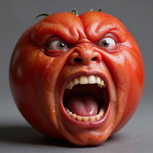 Photograph of a hyper-realistic, angry tomato with furrowed brows, wide eyes, and open mouth showing teeth, against a gray background.