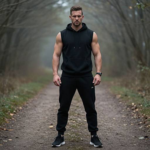 Muscular Man on Misty Forest Path